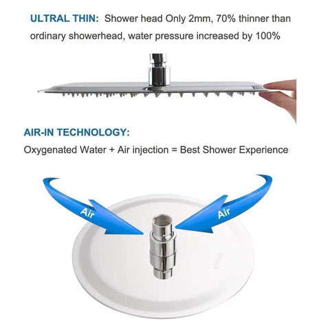 Chrome Shower Faucet Set With 8 Inch Rainfall Shower Head Wall Mounted Single Function Trim Kit And Rough In Valve All Metal Solid Brass Body Modern Luxury Bath Hardware showing thin and air technology features