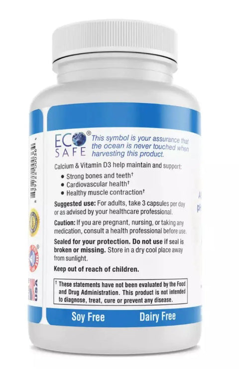 Side view of Bioavailable Coral Calcium 900 Mg With Vitamin D3 And Magnesium For Bone Strength Solid Joints PH Balance Trace Minerals Non GMO 300 Veg Capsules For Daily Health Support bottle