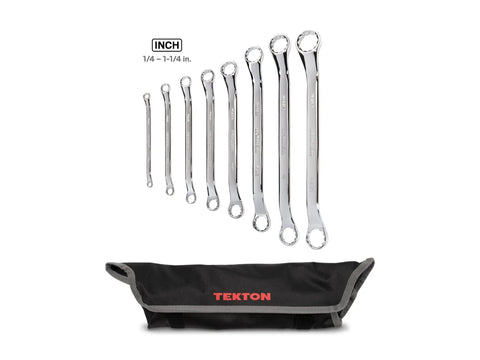 Eight Piece 45 Degree Offset Box End Wrench Set With Roll Up Case For Tight Spots From 1/4 In To 1-1/4 In Reaches Around Obstructions