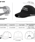 Black yacht ready sun hat for dad showing size and dimensions with adjustable strap, lightweight and colorful cap design.