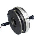 DHM8-12 power-off electromagnetic brake, circular metal housing with black mounting plate and wired leads.