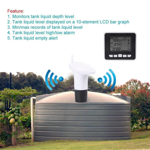 Water Level Sensor With Temperature Readout And Alarm installed on a tank, LCD showing depth and temp, ultrasonic depth meter