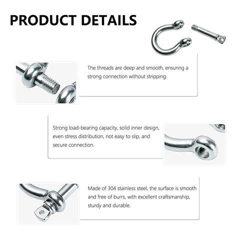 Beefy Heavy Duty 304 Stainless Steel Bow Shackle Screw Pin Anchor D Ring Rigging Hardware 5/32 Inch 8 Pack close-up showing threads and design details.