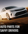 White car driving on road with text overlay 'Auto Parts for Savvy Drivers'