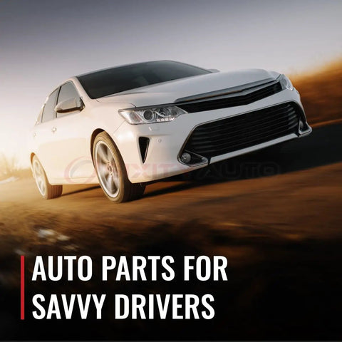 White car driving on road with text overlay 'Auto Parts for Savvy Drivers'