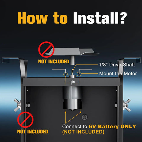 6V Deer Feeder Motor Replacement For Game Feeders With One Eighth Inch Drive Shaft Efficient And Plug And Play Easy To Install Fits Most Power Control Units Built To Last In Tough Outdoor Conditions Keeps Your Feed On Schedule. installation diagram with 1/8 inch drive shaft and 6V battery only