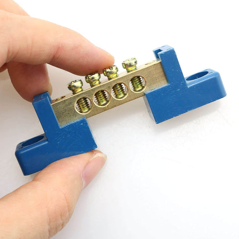 Two Pack 4 Position Terminal Bus Bar Blocks with beefy heavy duty brass screw terminal grounding strips, blue plastic insulator.
