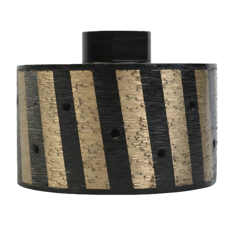 3 Inch Diamond Drum Grinding Wheel For Sink Hole Profiling Built Tough Heavy Duty Resin Bonded Pro Grinder Bit showing side view with striped design.