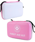 Pink and white hard-shell first aid kit, front view with FIRST AID KIT logo; side view shows white panel and pink zipper.