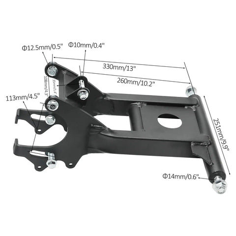 Bolt In 32 Inch Rear Axle Kit With Swingarm Frame Bracket And 4 Stud Wheel Hub Flange For ATV Quad Go Kart Buggy GY6 Engines DIY Rebuild Replacement Complete Assembly, showing swingarm frame bracket with measurements.