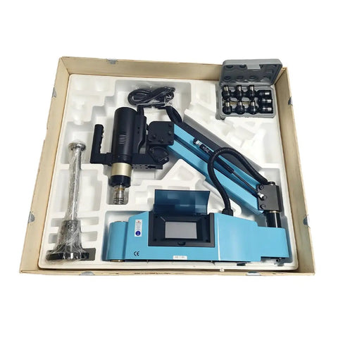 Dejun Electric Tapping Machine M3 To M16 Digital Tapper in storage case with 9pcs collets and touchscreen display.