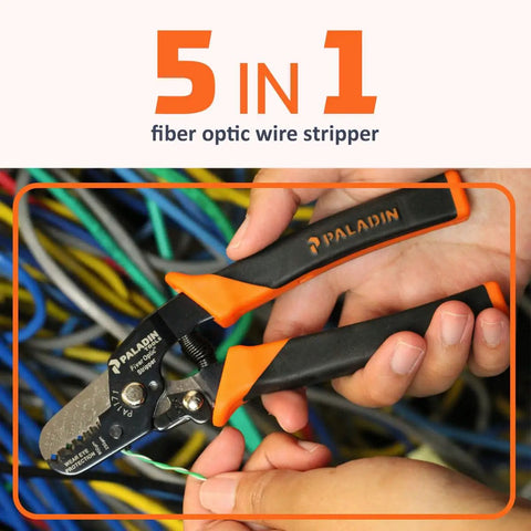 Hands using ProGrip Workhorse 5-In-1 Fiber Optic Stripper With Dual Durometer Grips Professional Grade Cable Tool on wires.