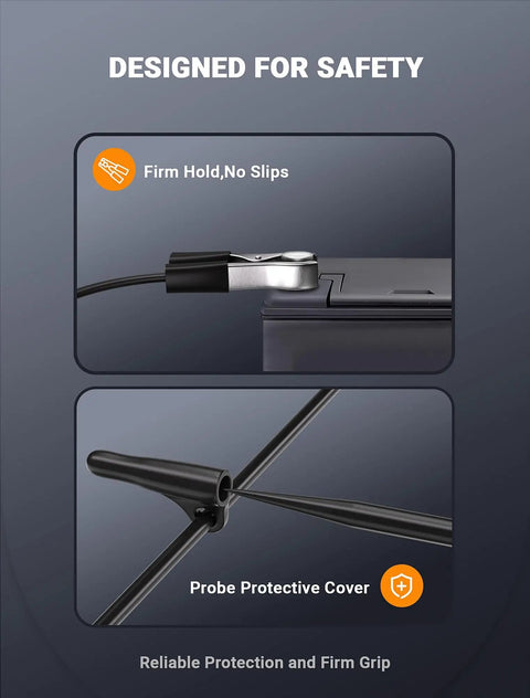 Safety design features of Rugged Pro Grade Automotive Test Light Circuit Tester With 3 To 48V Digital Voltmeter and steel probe cover.