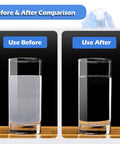 Before and after comparison showing clear water in glass on right and cloudy water on left for Top Shelf 304 Stainless Steel Vacuum Chamber.