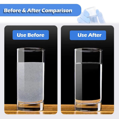 Before and after comparison showing clear water in glass on right and cloudy water on left for Top Shelf 304 Stainless Steel Vacuum Chamber.