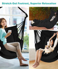 Hammock Chair With Foot Rest And Cushions, Durable Metal Spreader Bar Swing Chair For Indoor Outdoor Chill And Relaxation, Ideal For Bedroom Patio Porch Or Tree, Supports Up To 500 Lbs, Black