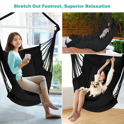 Hammock Chair With Foot Rest And Cushions, Durable Metal Spreader Bar Swing Chair For Indoor Outdoor Chill And Relaxation, Ideal For Bedroom Patio Porch Or Tree, Supports Up To 500 Lbs, Black