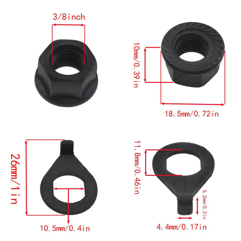 Three Eighths Inch Bike Axle Nut and Hub Washer Kit for Front and Rear Wheels with dimensions and details shown