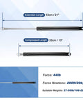 Heavy duty gas strut with extended length of 21 inches and compressed length of 13 inches for toolbox use. Level Up Your Gear Game With Rugged Heavy Duty Gas Struts And Hydraulic Lift Supports Pulling 44 Pound Force For No Sweat Toolbox Window And Storage Box Latching.