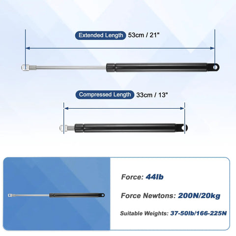 Heavy duty gas strut with extended length of 21 inches and compressed length of 13 inches for toolbox use. Level Up Your Gear Game With Rugged Heavy Duty Gas Struts And Hydraulic Lift Supports Pulling 44 Pound Force For No Sweat Toolbox Window And Storage Box Latching.