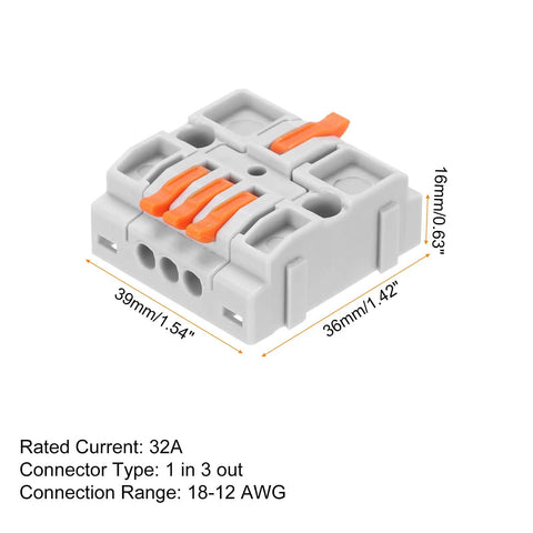 Heavy Duty DIN Rail Press Quick Terminal Blocks 1 In 3 Out 28-12AWG Snap On Wire Connectors displaying a 32A connector with orange levers.