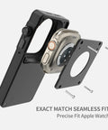 Exploded view of black aluminum Apple Watch protective case with back plate, frame, and screws for 40–49mm models.
