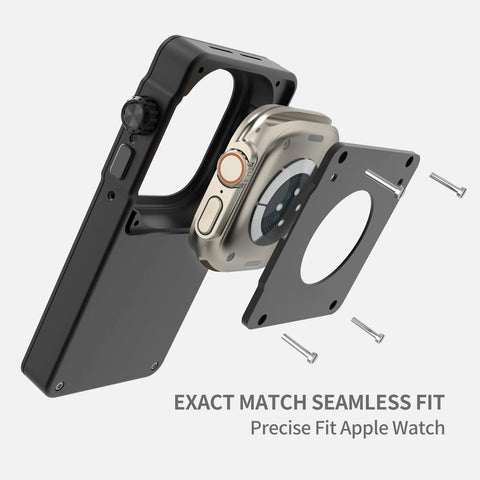 Exploded view of black aluminum Apple Watch protective case with back plate, frame, and screws for 40–49mm models.