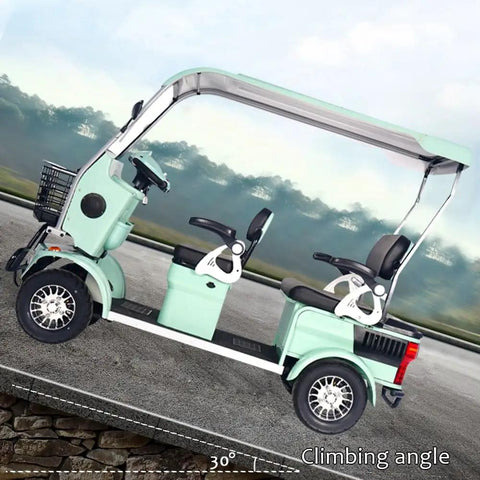 White 4 Passenger Electric Golf Cart Scooter With 1200W Brushless Motor And 60V 37AH Lithium Pack, built for smooth cruising on various terrains.
