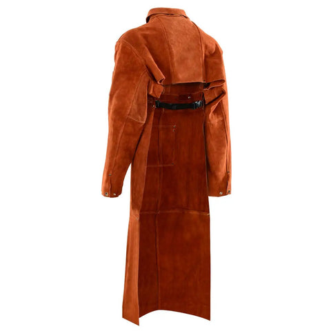 Rear view of Leather Welding Apron With Sleeve Heavy Duty Flame Resistant Shield Open Back Design Keeps You Cool While You Grind Weld Or Cut