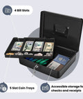 Metal Cash Box With Lock And Nine Compartment Tray For Small Biz Portable Money Box for checks, coins, and bills with key lock.