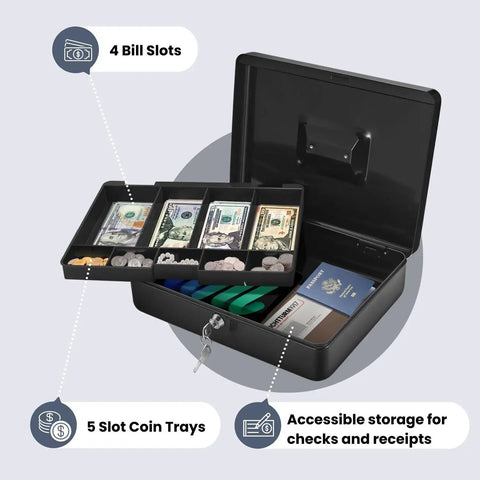 Metal Cash Box With Lock And Nine Compartment Tray For Small Biz Portable Money Box for checks, coins, and bills with key lock.