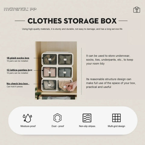 Kick It Organized With Top Tier Stackable Underwear Drawer Box featuring heavy duty PP plastic, three-grid design for socks and underwear.