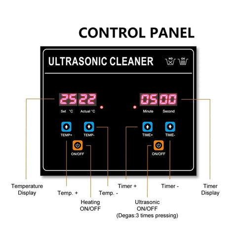 Control panel of Pro Grade Ultrasonic Cleaner Slaps for adjusting temperature and timer settings.