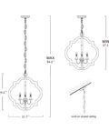 Diagram of Rustic Wood Farmhouse Chandelier Four Light Hanging Ceiling Fixture with dimensions and installation details.