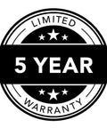 Circle emblem displaying '5 Year Limited Warranty' with stars design.