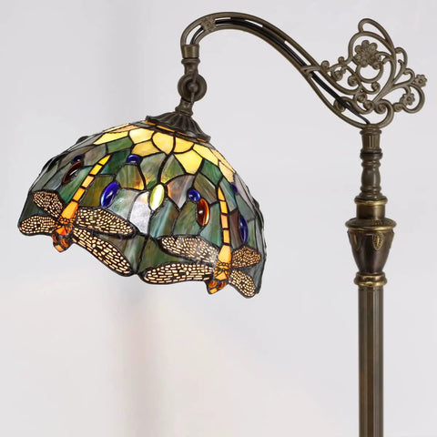Stained Glass Tiffany Floor Lamp With Amber Dragonfly Shade Arching Gooseneck Adjustable Reading Light 66 Inch Tall Bronze Base UL Certified