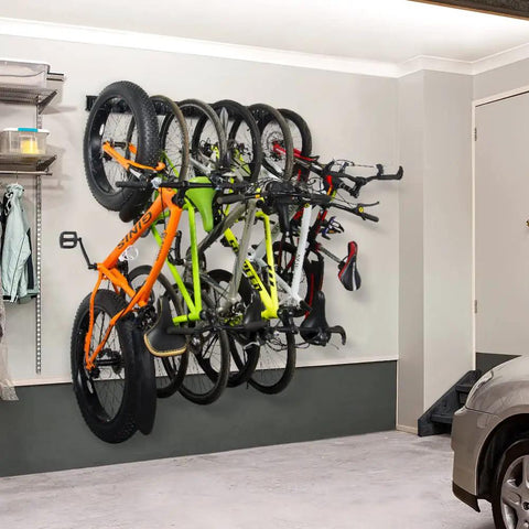 Six bicycles hanging on Rugged Heavy Duty Wall Mount Bike Rack For Home And Garage, Stainless Steel Construction, Built To Last