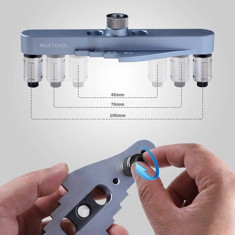 Self Centering Dowel Jig Kit With Line Scriber And Drill Guide For Precise Straight Holes, showing aluminum adjustment and measurement.