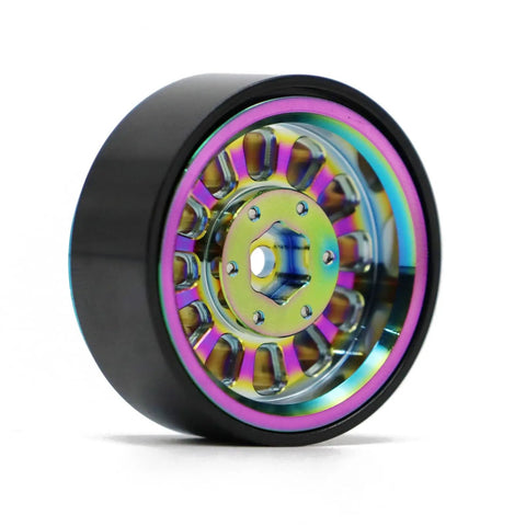 Brass 1.3 Inch Beadlock Wheels For 1/18 To 1/24 RC Crawlers With Low CG Weighting And Minus 5.40mm Offset CNC 7mm Hex Rims Iridescent Green