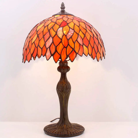 Stained Glass Tiffany Style Table Lamp With Red Wisteria Design, 12 Inch Shade, 18 Inch Tall, Antique Green Bronze Base, Cord Switch
