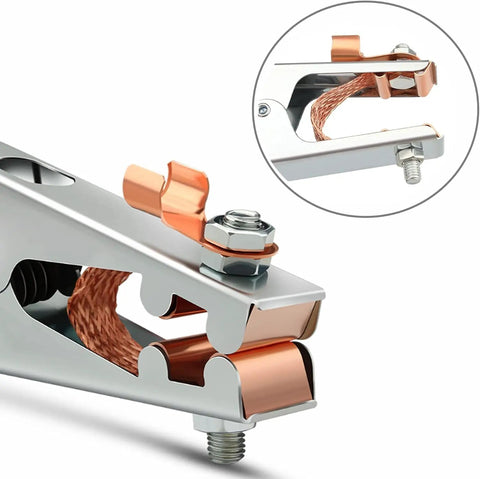 Close-up of metal clamp with copper connectors from Heavy Duty 600A Electrode Holder Kit With Cable And Ground Clamp For Arc Welding Stinger