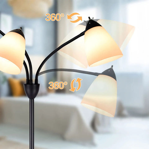 Three Light Modern Reading Floor Lamp With Adjustable Gooseneck 360 Degree Omnidirectional Lighting in bedroom setting