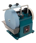 Badass 10 Inch Water Cooled Knife Sharpening Machine 240W Electric Bench Grinder with blue grinding wheel and metal reservoir.