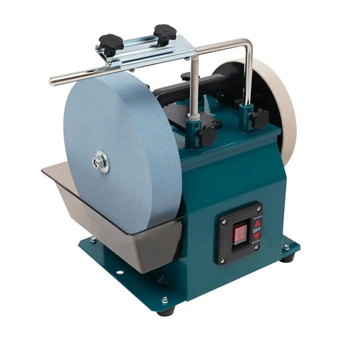 Badass 10 Inch Water Cooled Knife Sharpening Machine 240W Electric Bench Grinder with blue grinding wheel and metal reservoir.