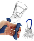 Hand holding spring-loaded pliers with blue handle, part of Eight Piece Miter Spring Clamps Set With Spring Loaded Pliers And Carabiner Adjustable