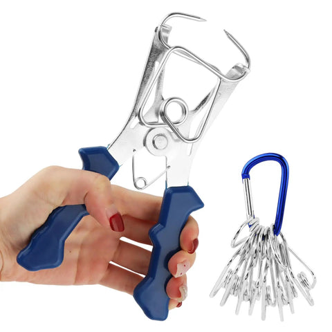 Hand holding spring-loaded pliers with blue handle, part of Eight Piece Miter Spring Clamps Set With Spring Loaded Pliers And Carabiner Adjustable