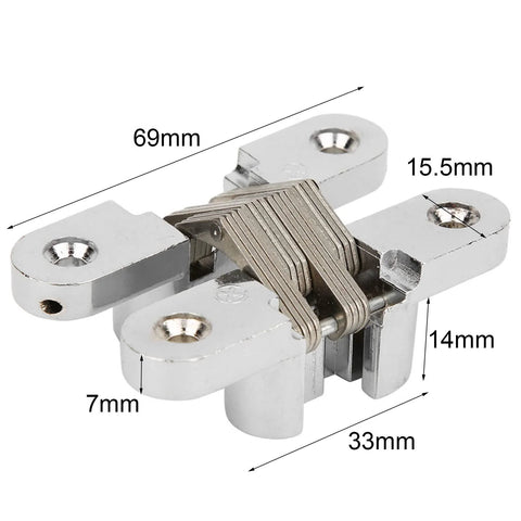 180 Degree Zinc Alloy Hidden Door Hinge For Cabinets And Furniture Concealed Cross Hinge No Fuss Install Kit with dimensions