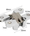 Concealed Cabinet Door Hinge Set, Heavy Duty Zinc Alloy, Silver Finish, dimensions marked for smooth silent operation, soft close