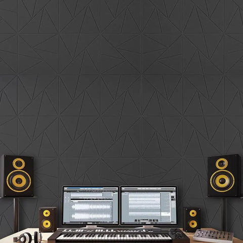 Eight Pack Peel And Stick Acoustic Foam Panels High Density Polyester Soundproof Wall Tiles for studio setup with monitors and speakers.