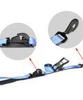 Close-up of Heavy Duty Snap Hook Ratchet Straps 2 Inch By 114 Inch Axle Tie Down Set showing hooks and locks in blue.